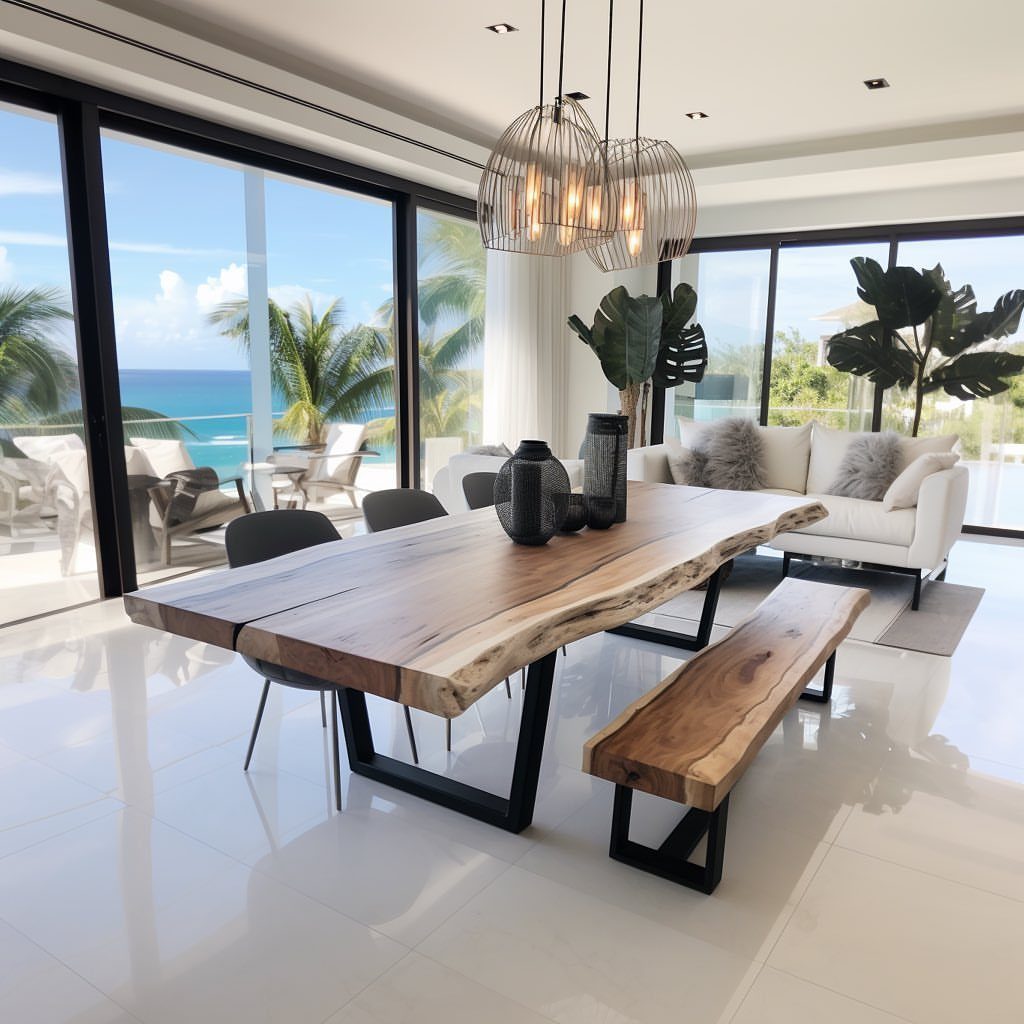 Live edge wooden dining table with black metal legs in a bright beach house.