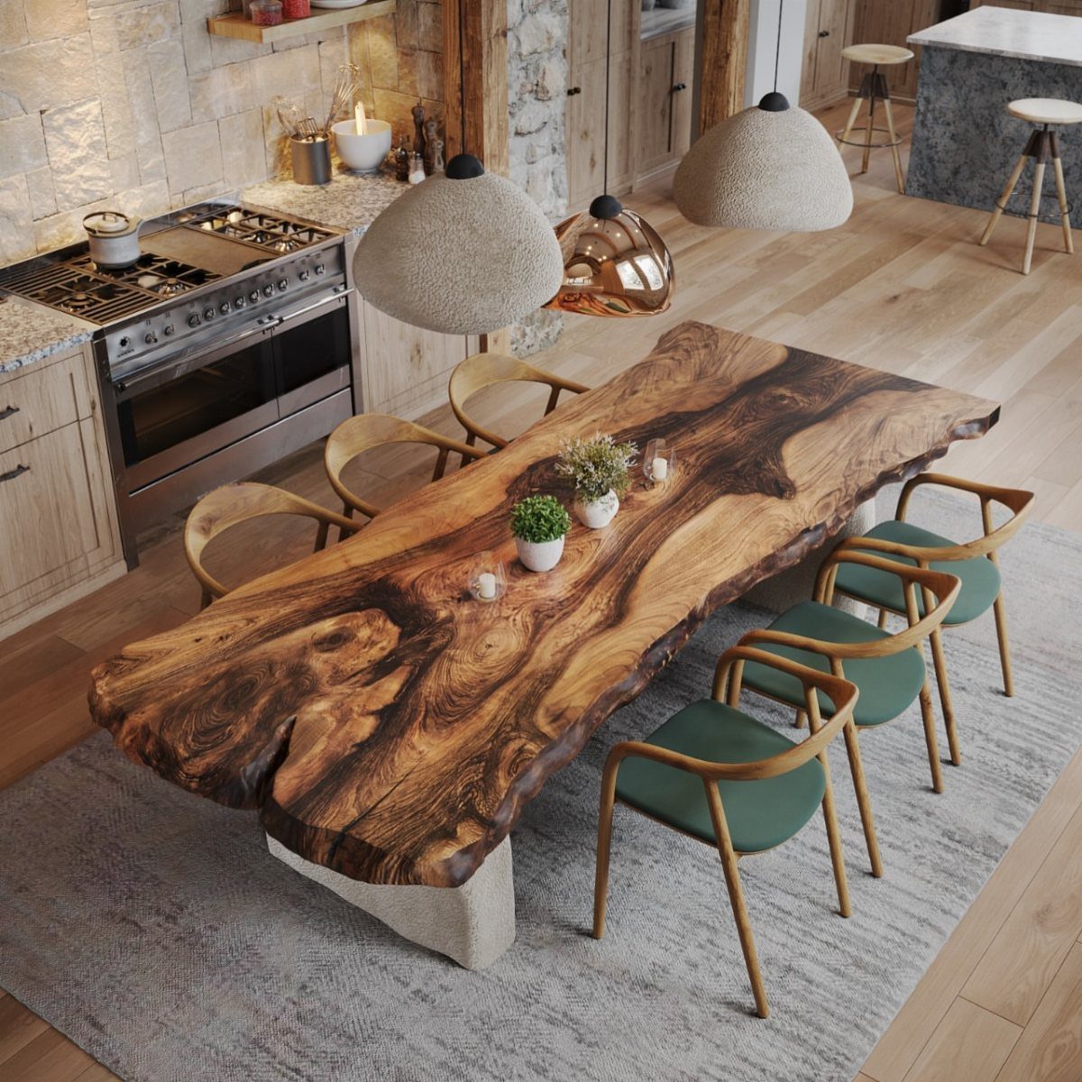 Dark wood live edge dining table with green chairs on a grey rug