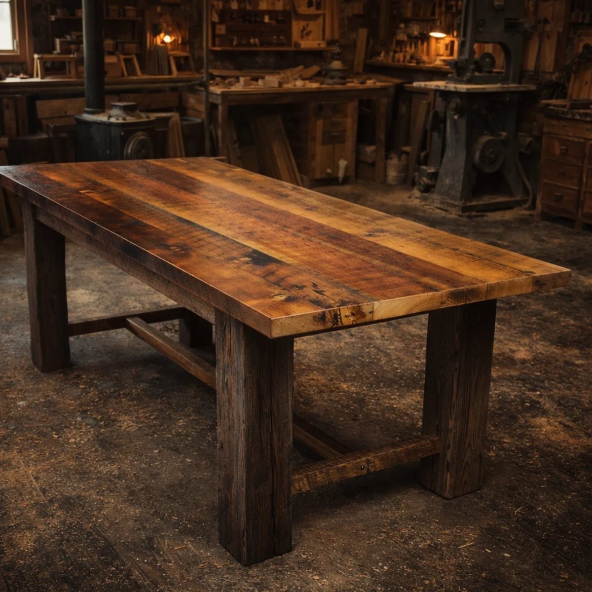 Long rustic reclaimed wood dining table inside a traditional woodworking shop
