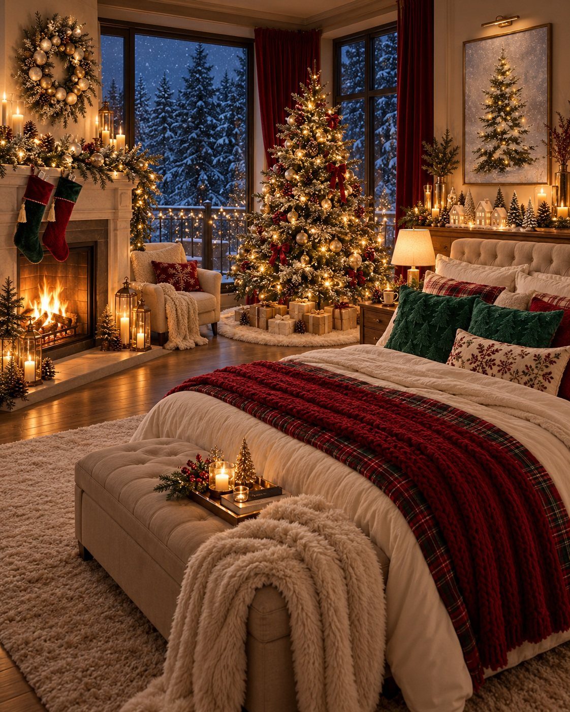 Cozy bedroom with Christmas tree, lit fireplace, and red plaid bedding overlooking snowy woods.