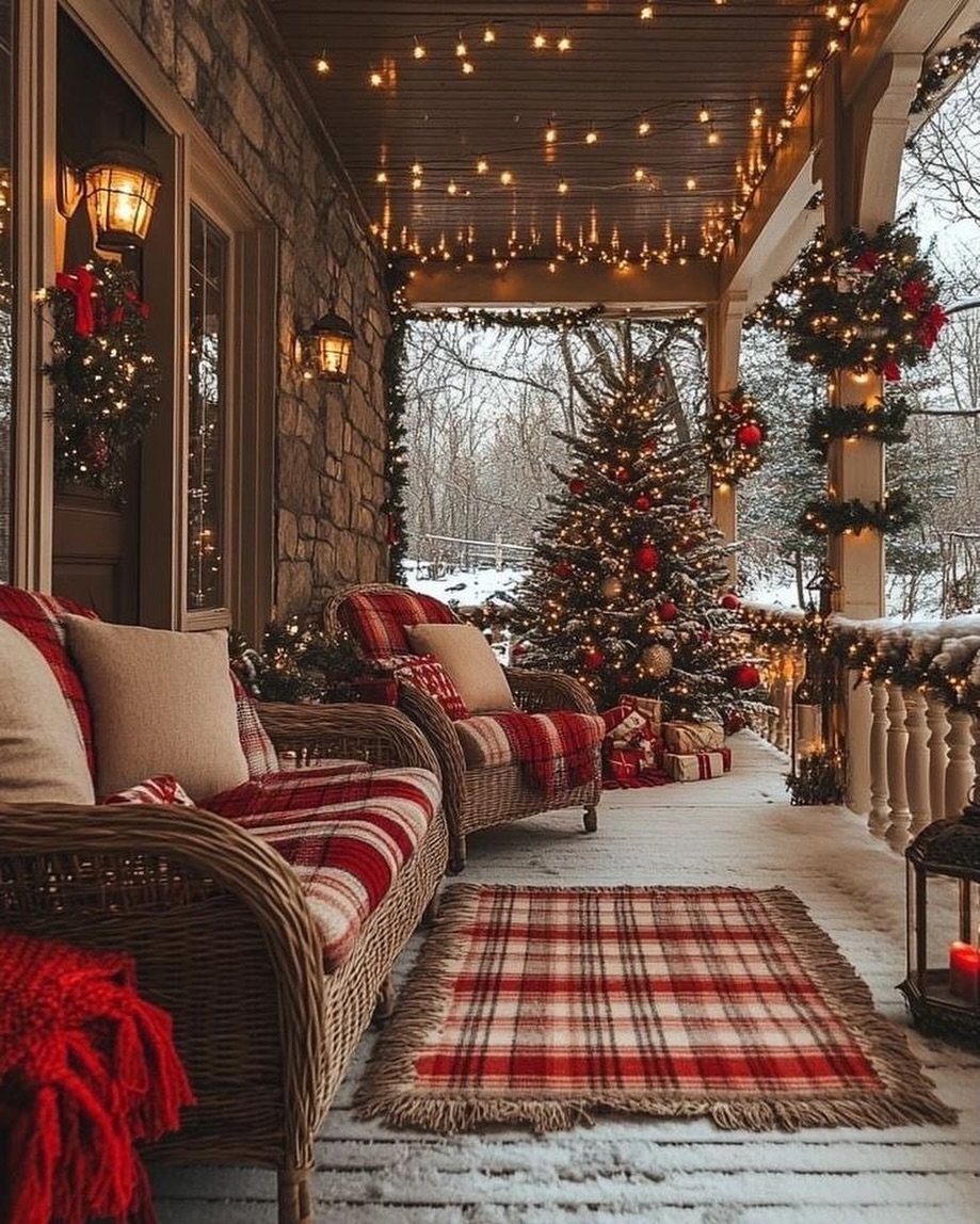 Snowy porch with wicker chairs, red plaid textiles, and a decorated Christmas tree.