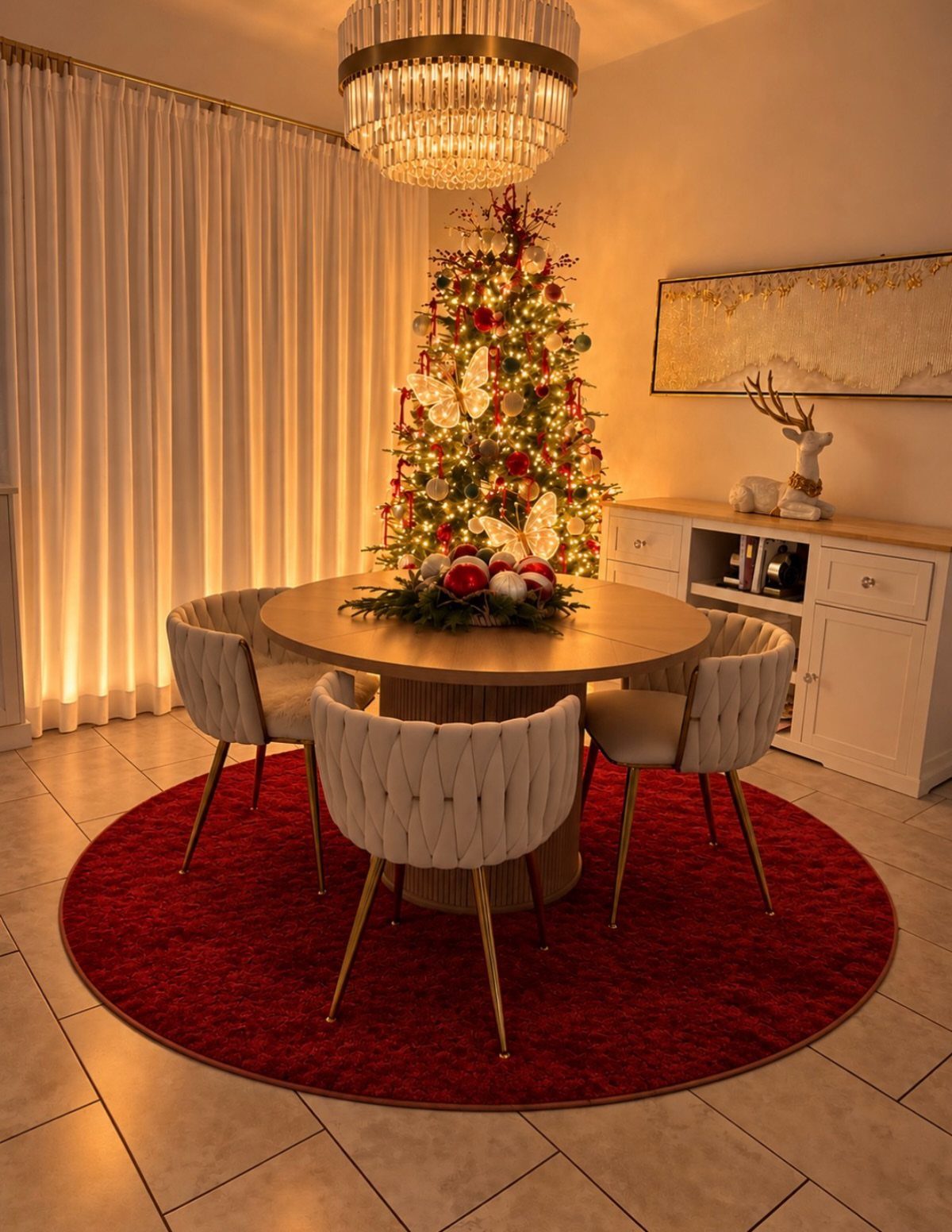 Decorated Christmas tree standing behind a round wooden dining table on a red rug
