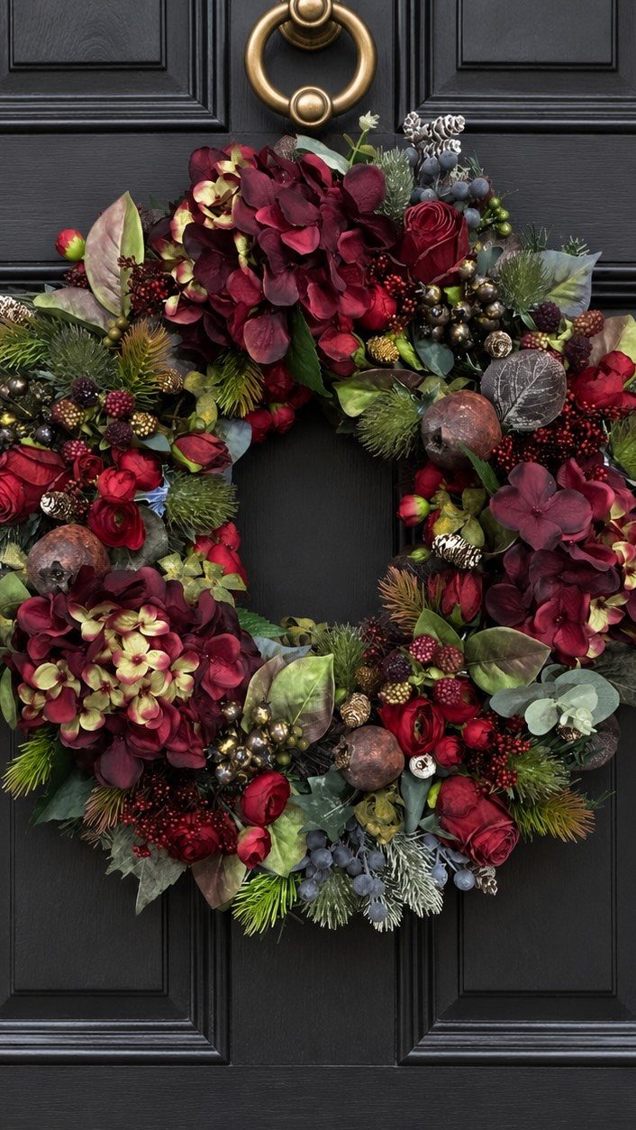 Red hydrangea and rose holiday wreath hanging on a black paneled front door.