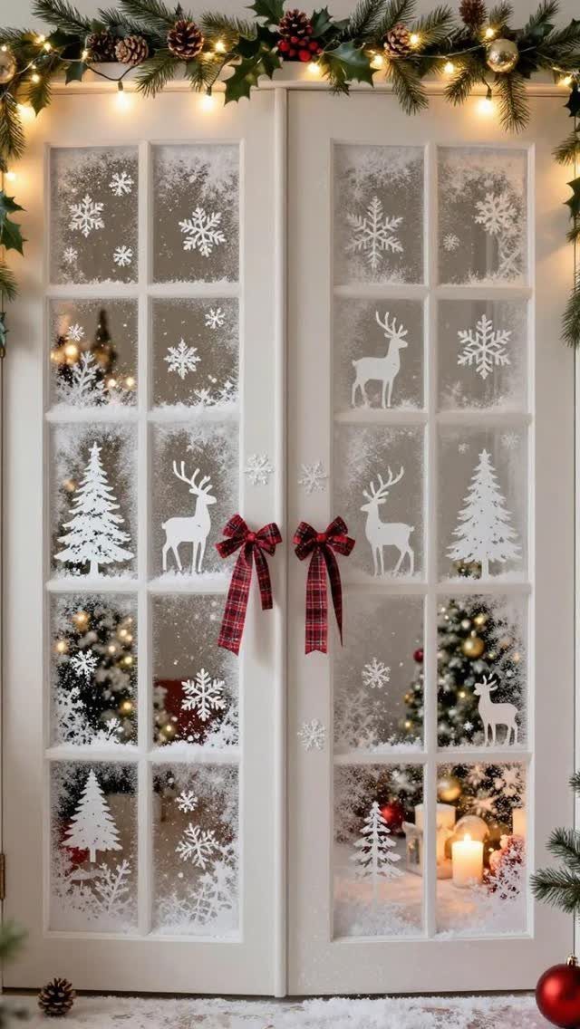 White French doors with frosted glass, reindeer decals, and red plaid bows.