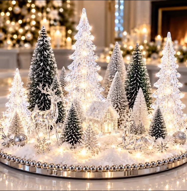 Miniature frosted Christmas trees and a small cottage on a snowy silver tray