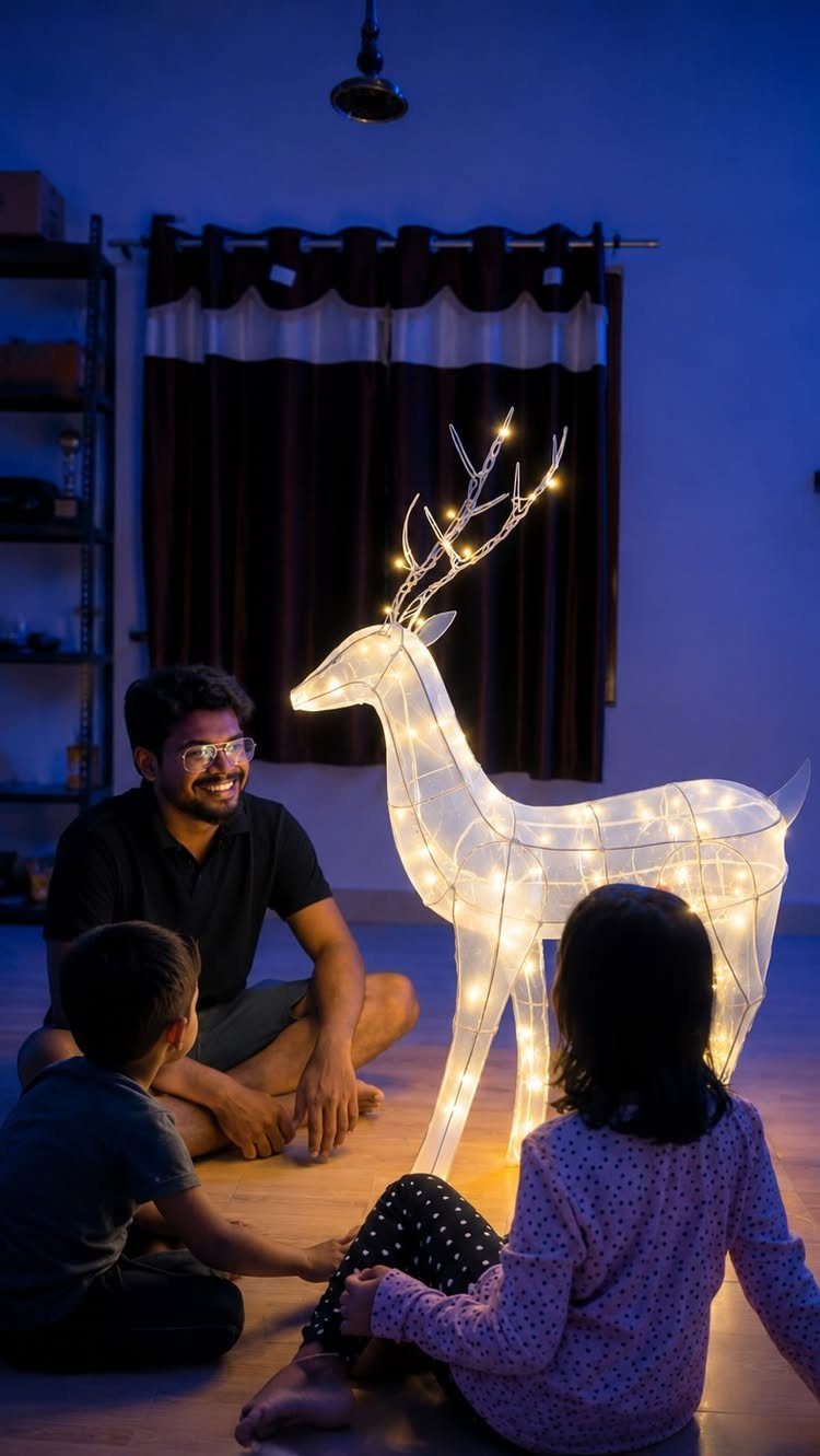 Glowing white wireframe reindeer sculpture with fairy lights surrounded by a family indoors.