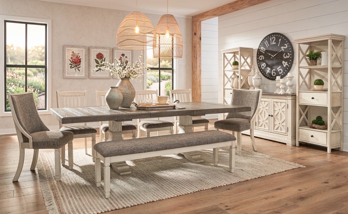 Rustic dining set with grey wood table, upholstered chairs, and a matching bench.
