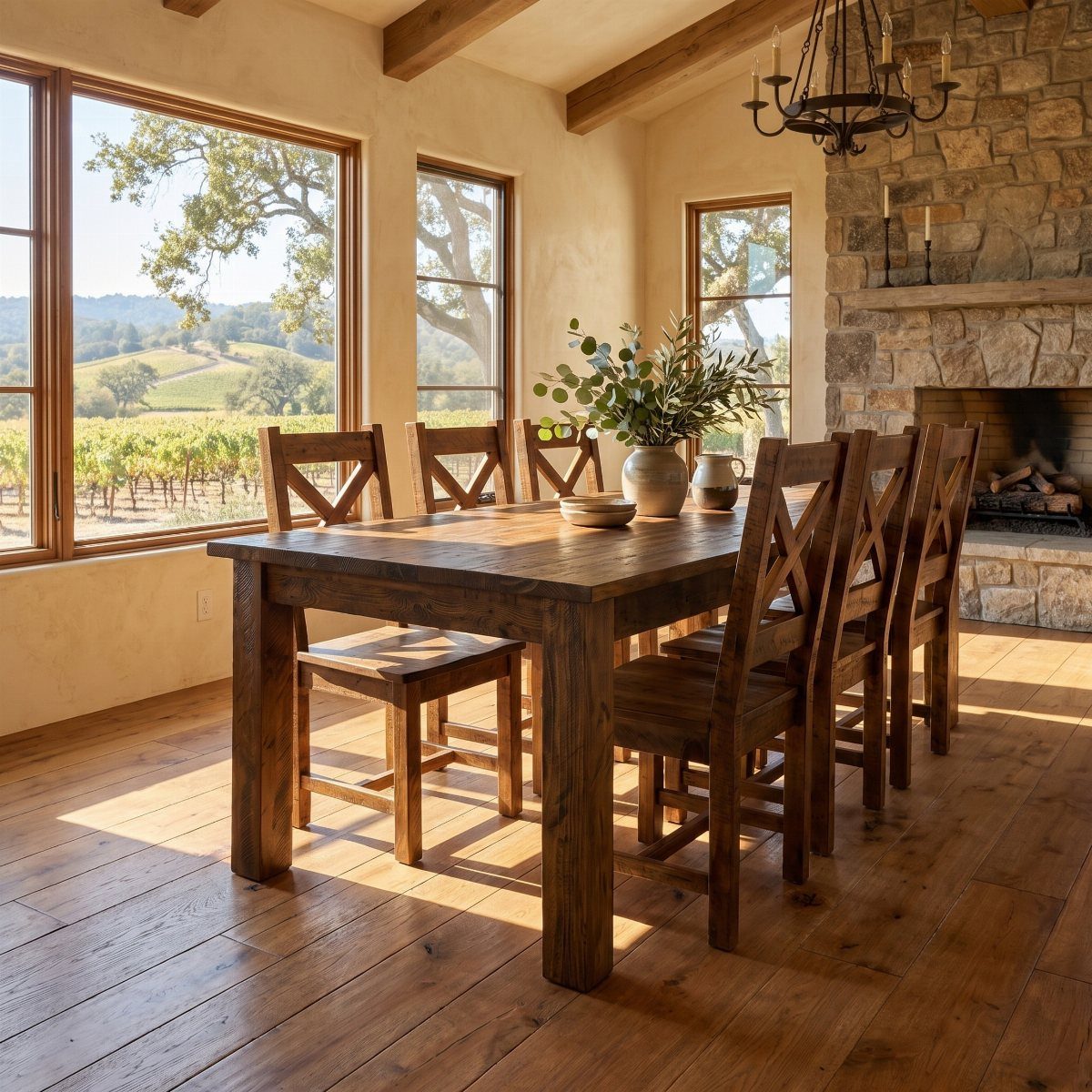 Solid wood dining set with rectangular table and X-back chairs in rustic room