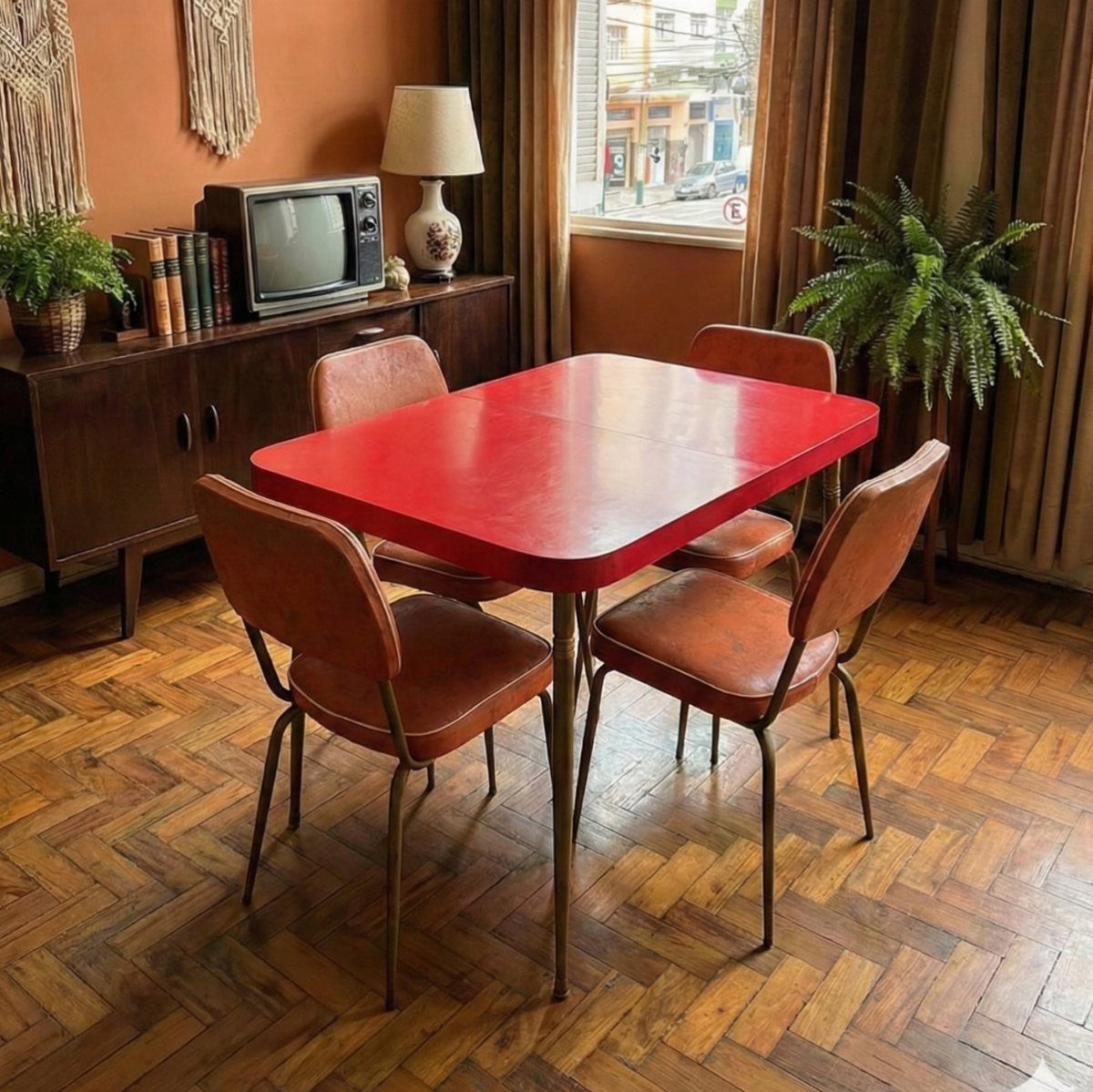 Red dining table with brown leather chairs in a vintage 70s style room.