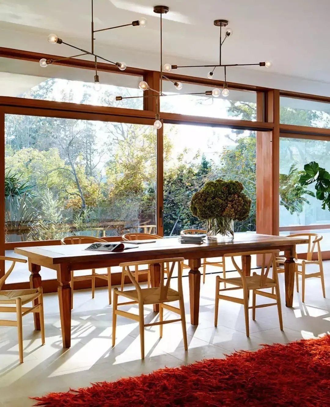 Red shag rug under a wooden dining table in a sunlit room.