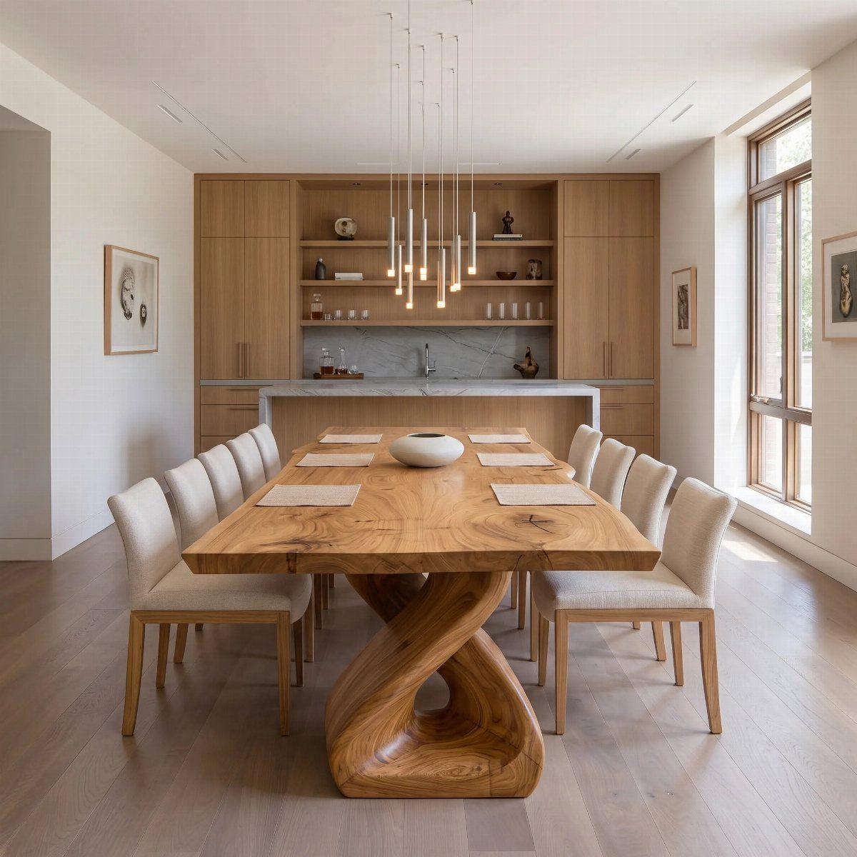 Rectangular wooden dining table with a twisted base and eight white chairs.