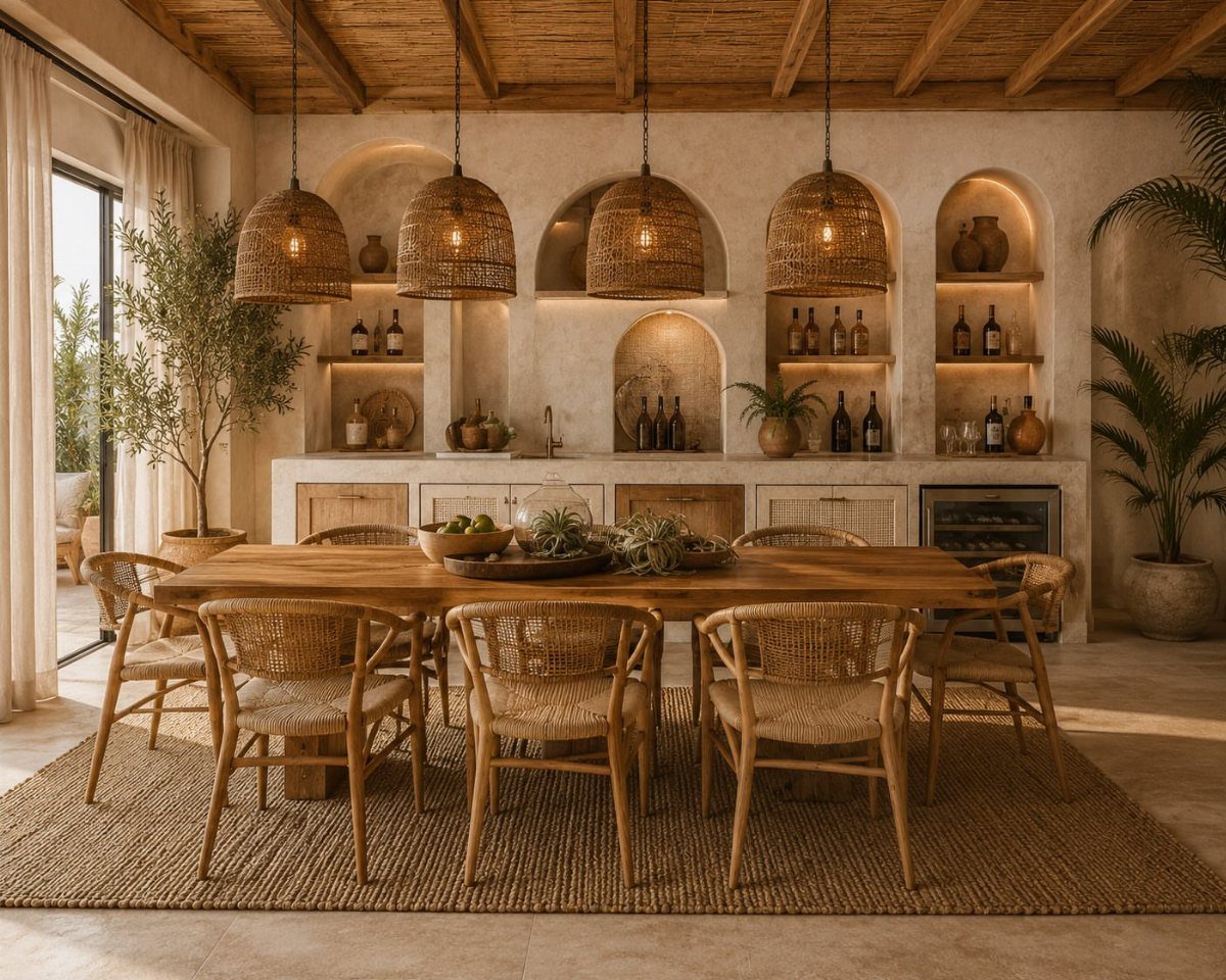 Wooden dining table with woven chairs and wicker pendant lights in bohemian room