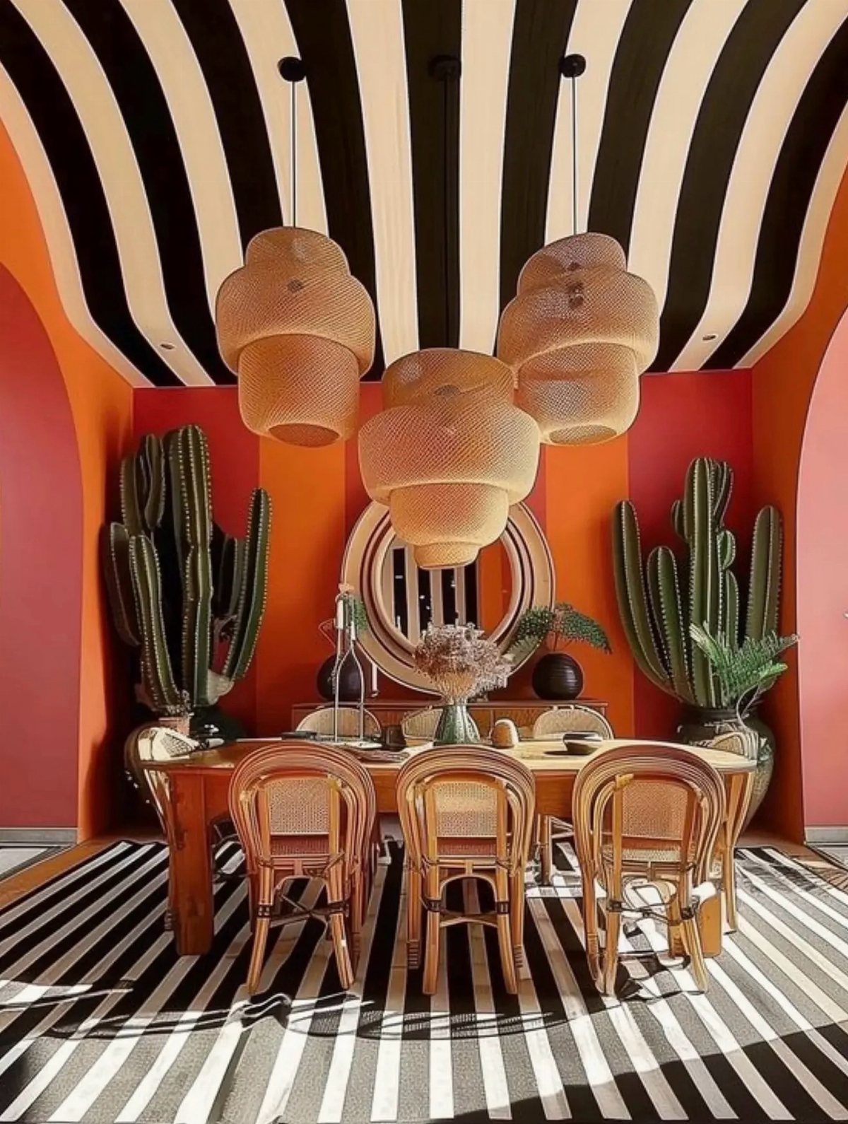 Wooden dining table with rattan chairs under woven lamps in a bold striped room.