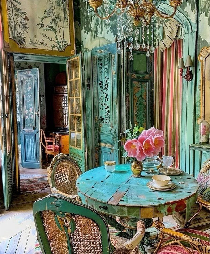 Turquoise wooden dining table with cane chairs in a botanical mural room