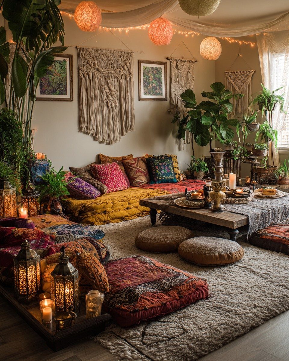 Bohemian living space with low wooden table, colorful floor cushions, and macrame wall art.