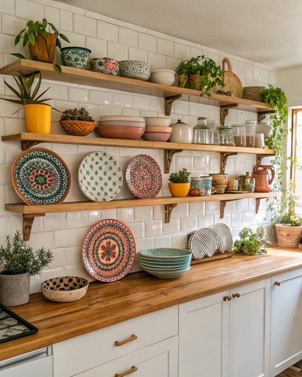 Wooden open shelves on white tile displaying eclectic colorful dishware and potted plants.