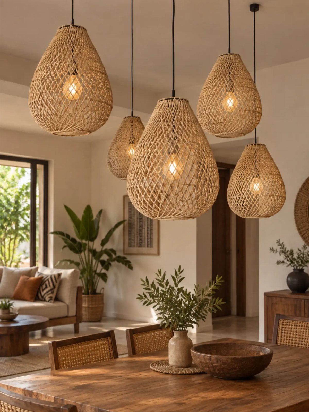 Woven rattan pendant chandeliers hanging over a wooden dining table in a boho room