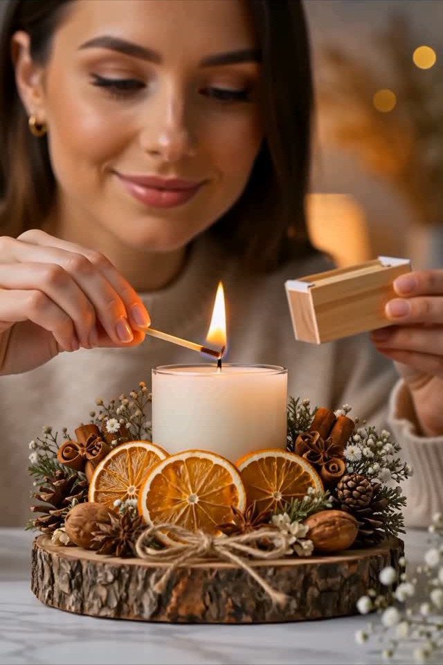 White pillar candle centerpiece with dried orange slices, cinnamon sticks, and pinecones.