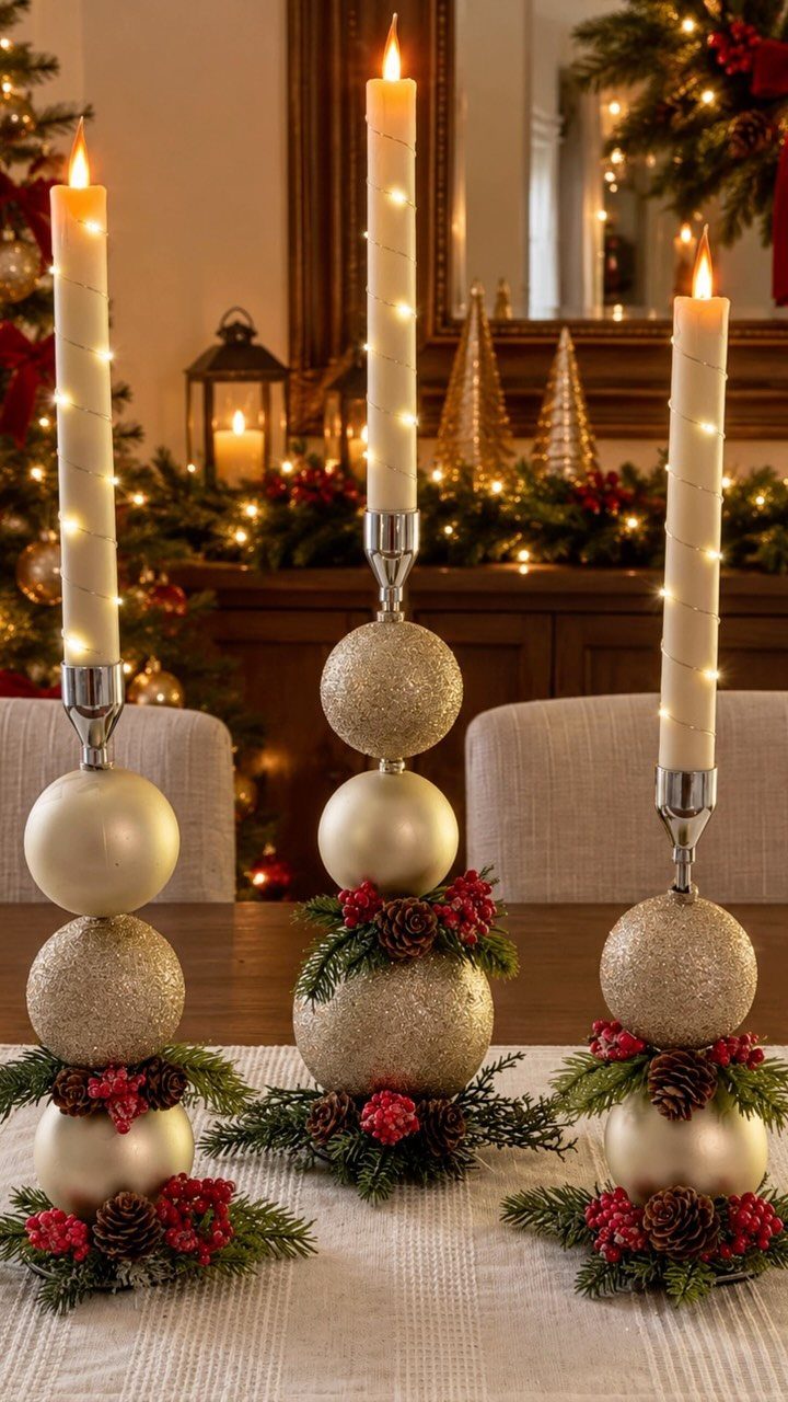 Three white taper candles held by stacked gold ornaments with pine and berries.