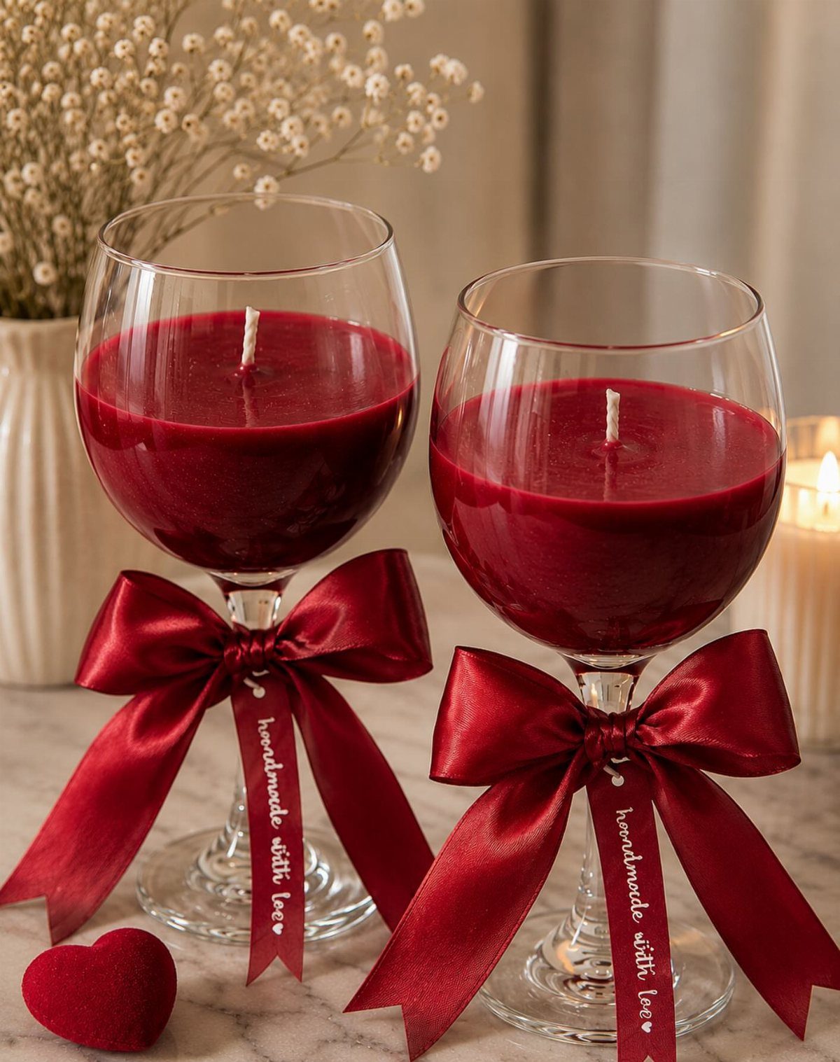Red candles in wine glasses with red satin bows on a marble surface
