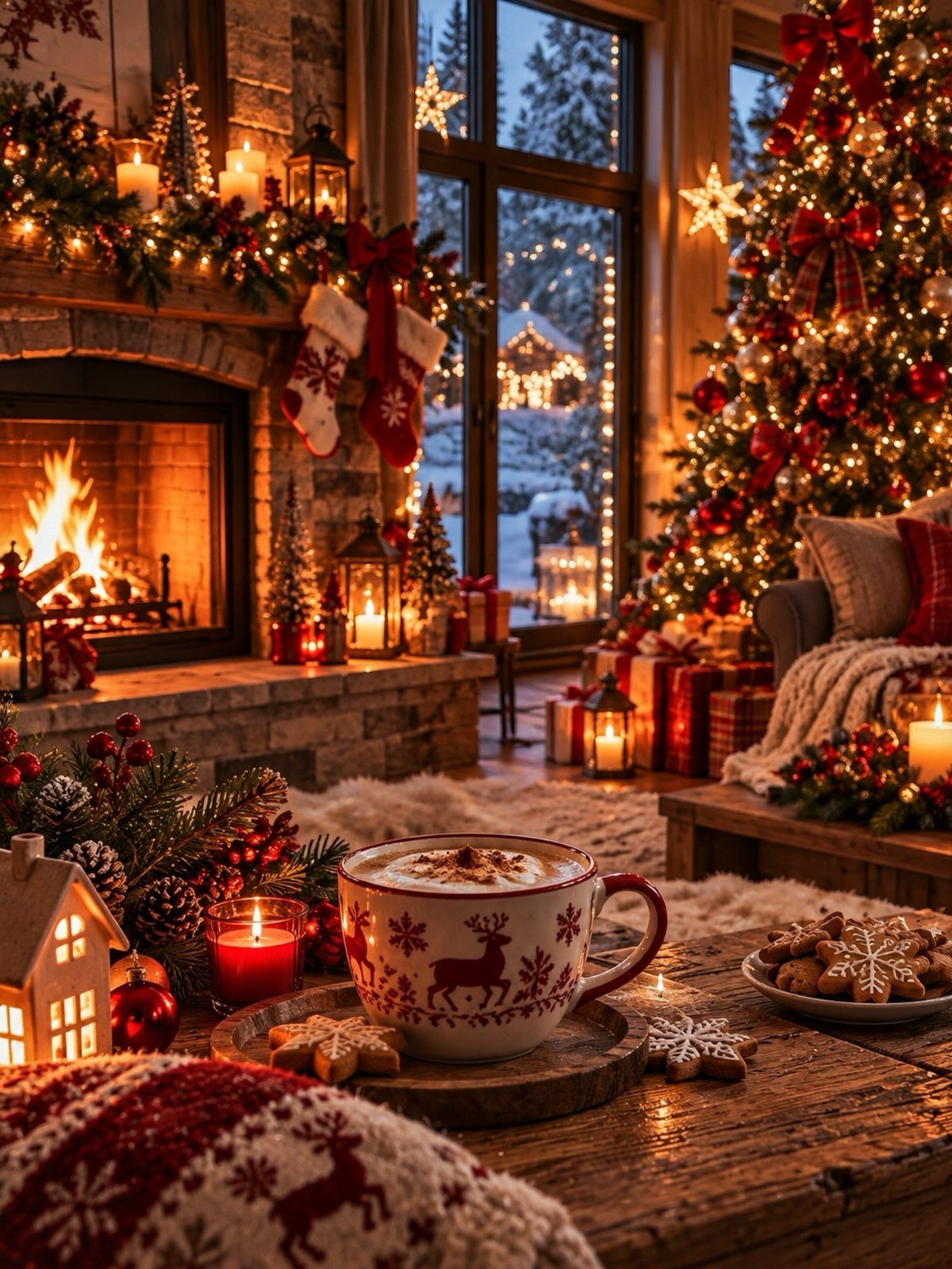 Reindeer mug and gingerbread cookies on a wooden table in a cozy Christmas room.