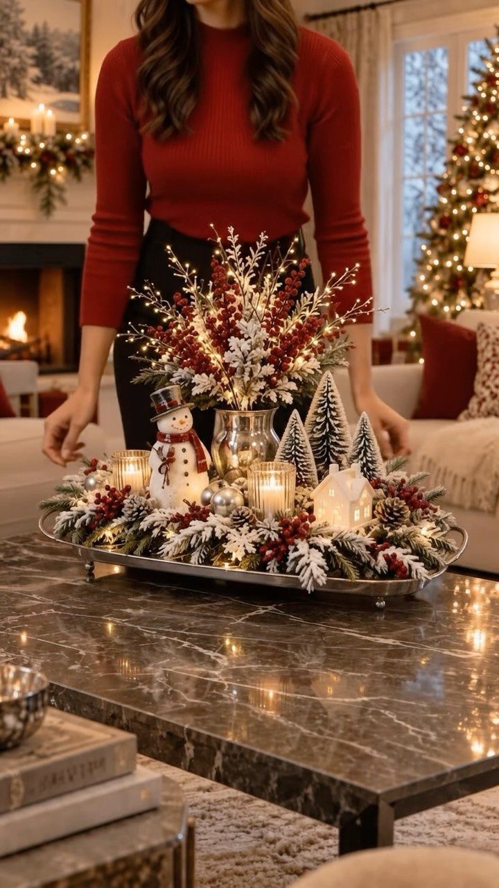 Silver tray with candles, greenery, and holiday figurines on a marble coffee table.