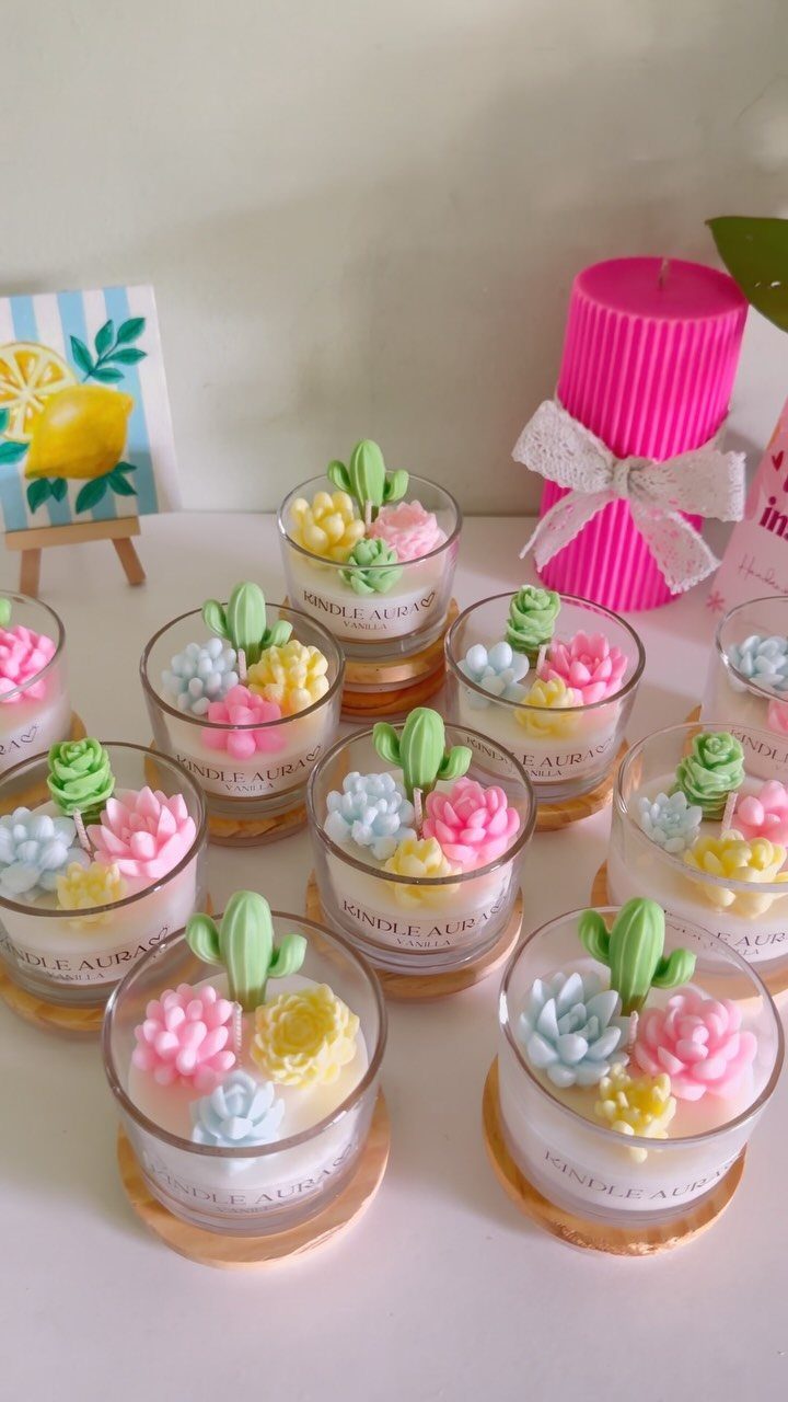 Succulent shaped wax candles in glass jars with a pink ribbed candle.