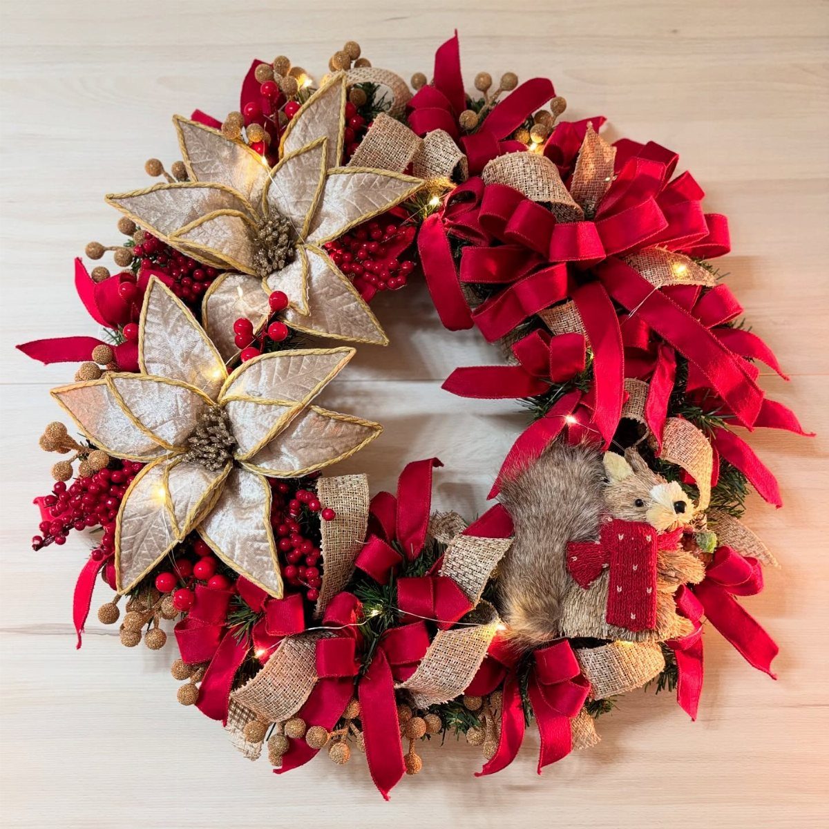 Christmas wreath with gold poinsettias, red ribbons, and a small plush squirrel.