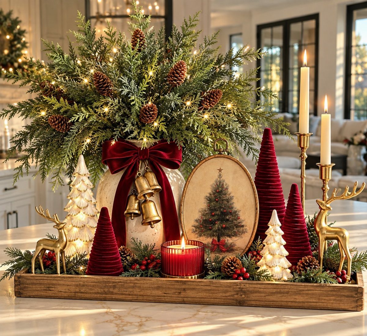 Festive Christmas centerpiece with evergreen branches, gold reindeer, and red decorative trees.