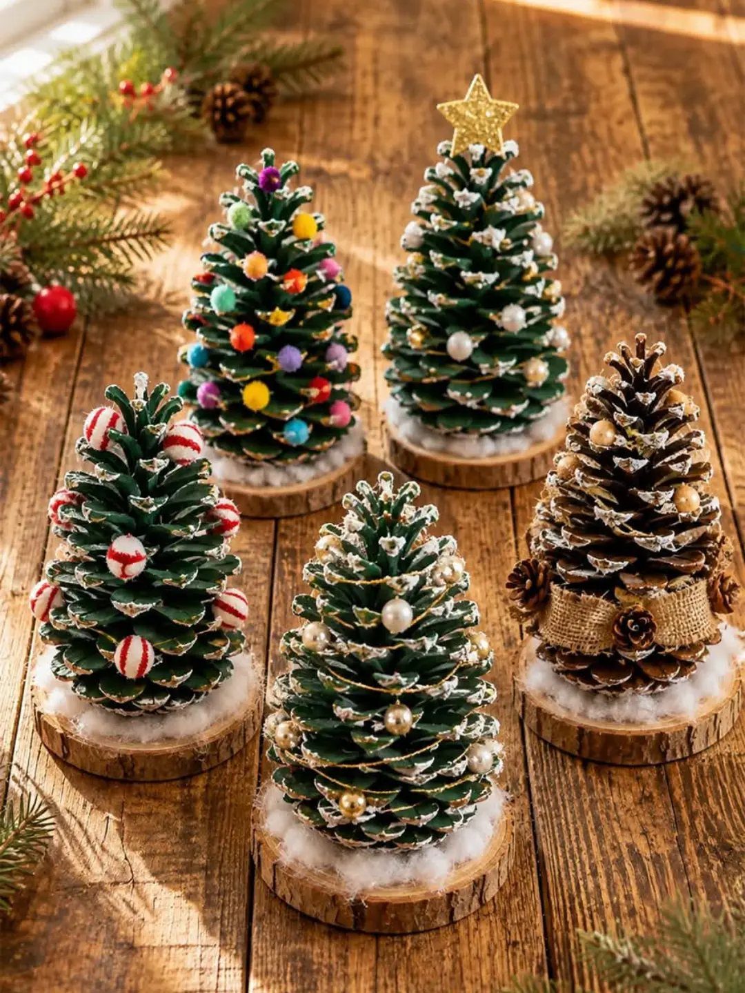 Five miniature pinecone Christmas trees decorated with colorful beads on wooden bases.