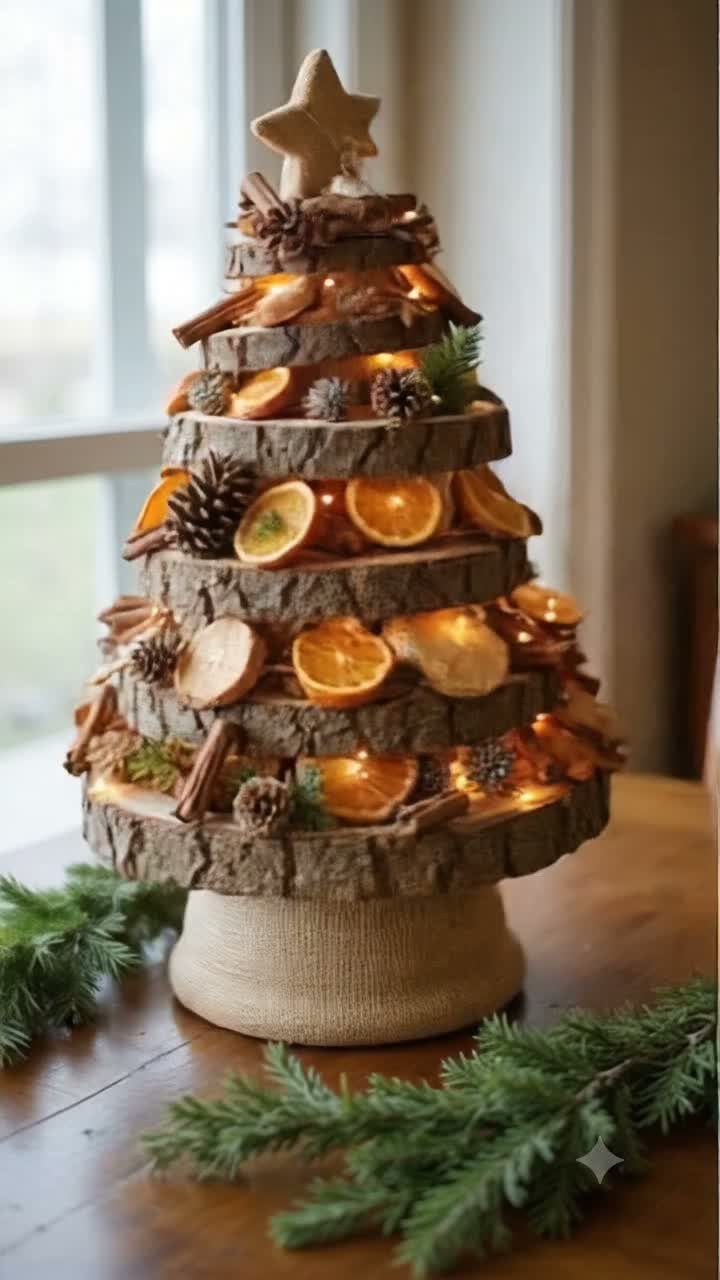 Rustic wooden log slice Christmas tree decorated with dried oranges and fairy lights.