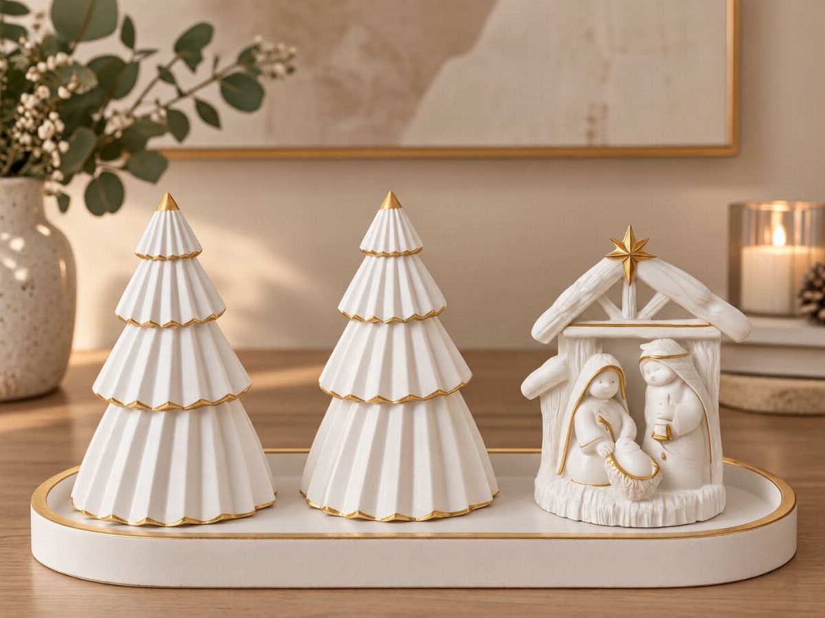 White ceramic Christmas trees and a nativity scene on a gold-rimmed white tray.