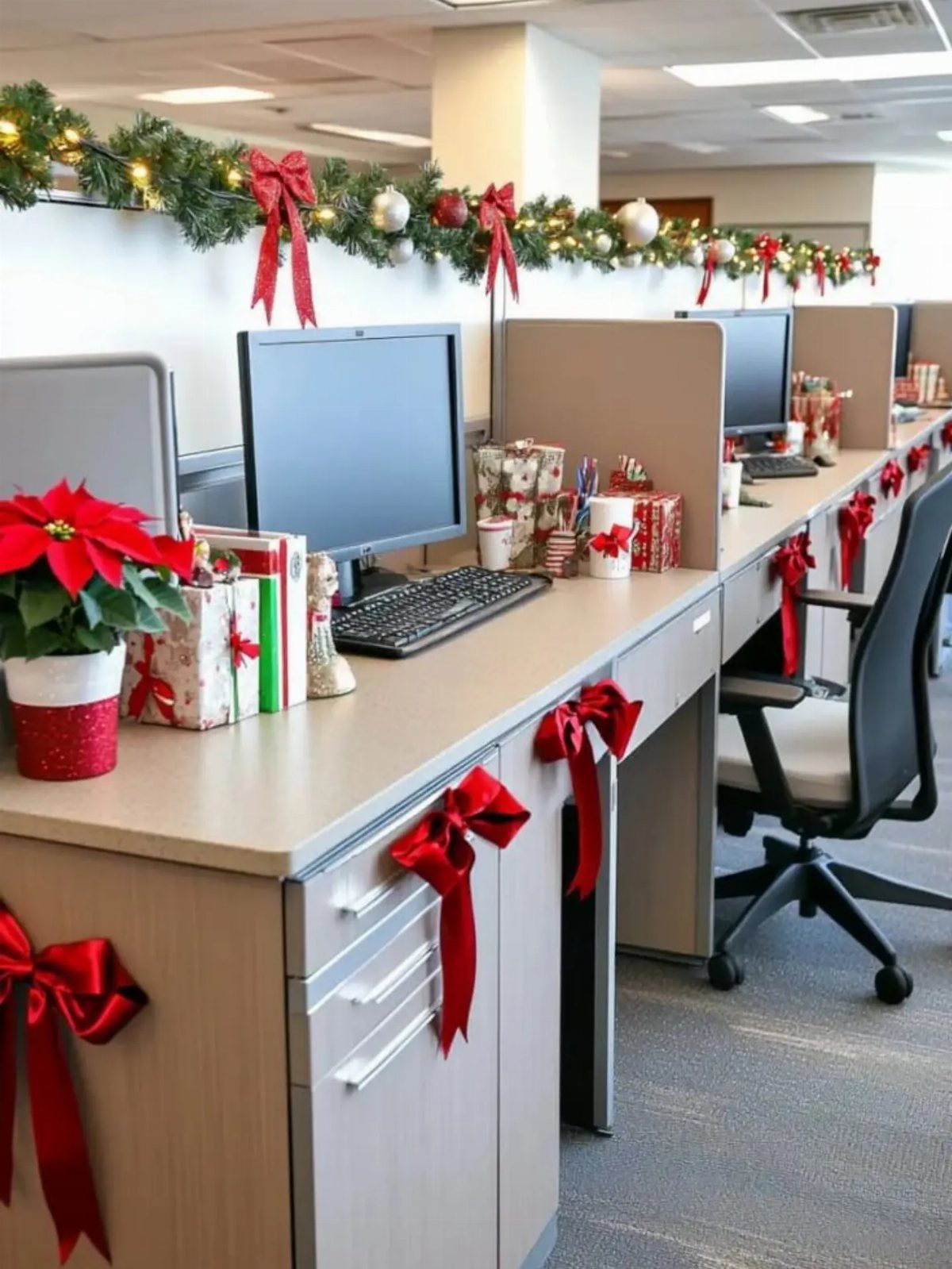 Office cubicles decorated with red bows, festive garlands, and a red poinsettia plant.