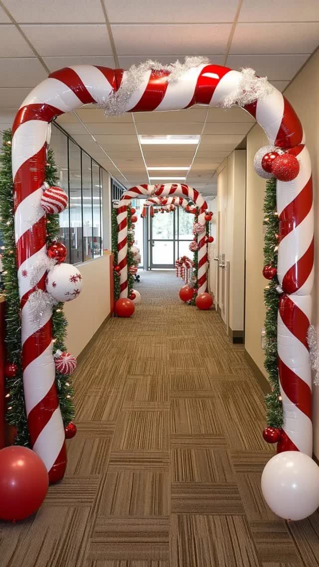 Candy cane arches and red balloons decorating a professional office hallway for Christmas.