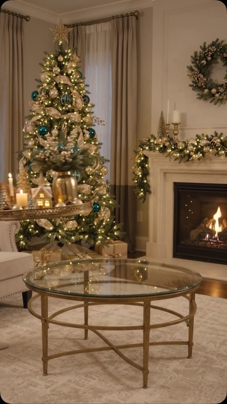 Christmas decorated living room with a lit tree, fireplace, and glass coffee table.