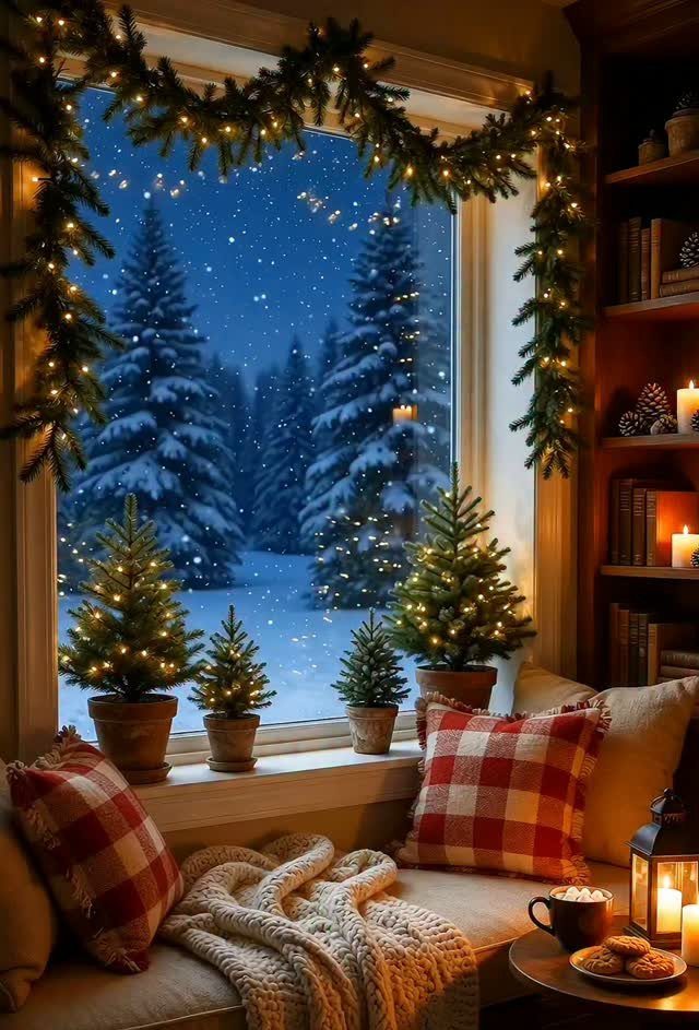 Cozy window seat with plaid pillows, knit throw, and small Christmas trees.