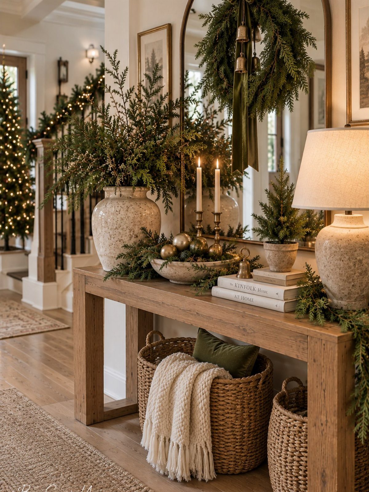 Fresh green branches in a ceramic vase on a decorated wooden console table.
