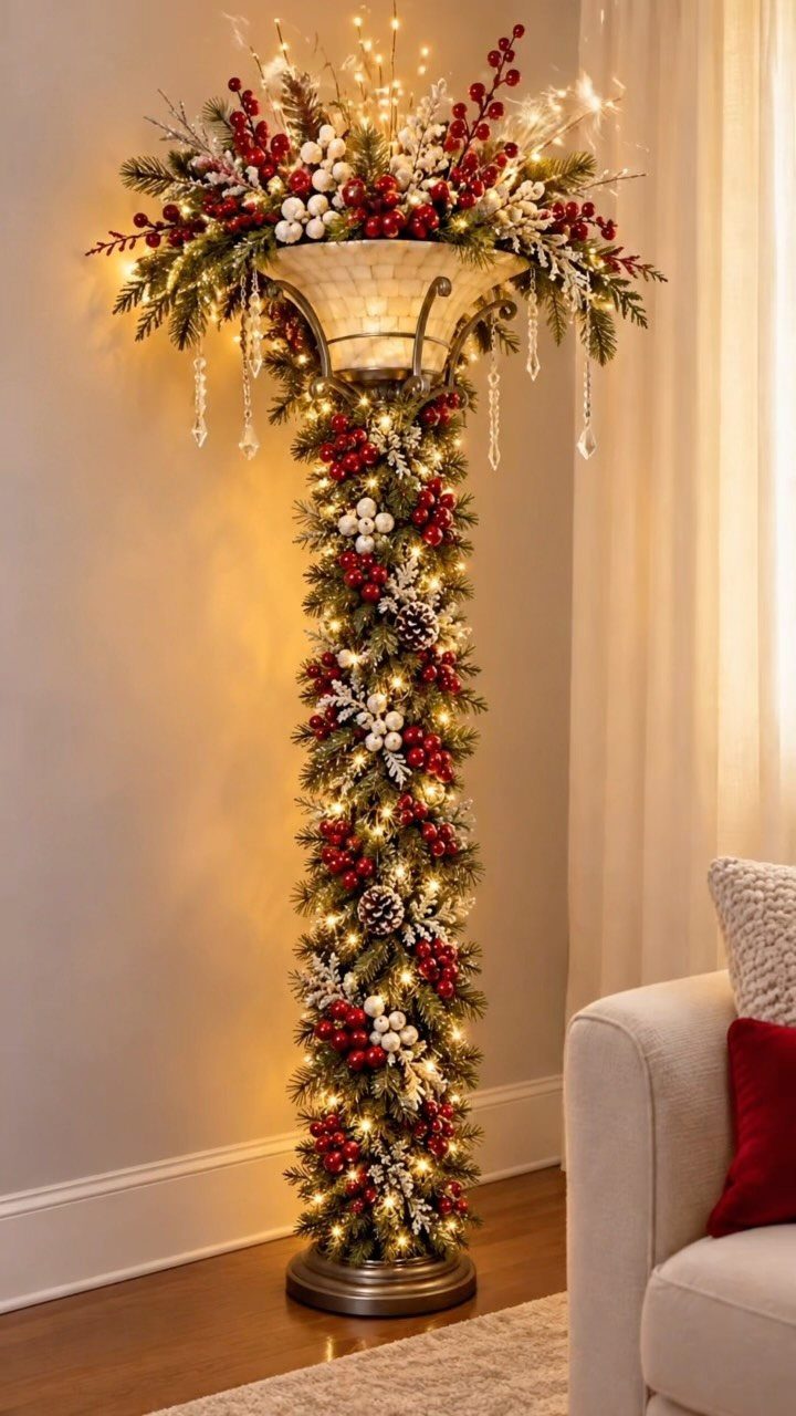 Illuminated Christmas pillar with red berries and pinecones standing beside a white sofa
