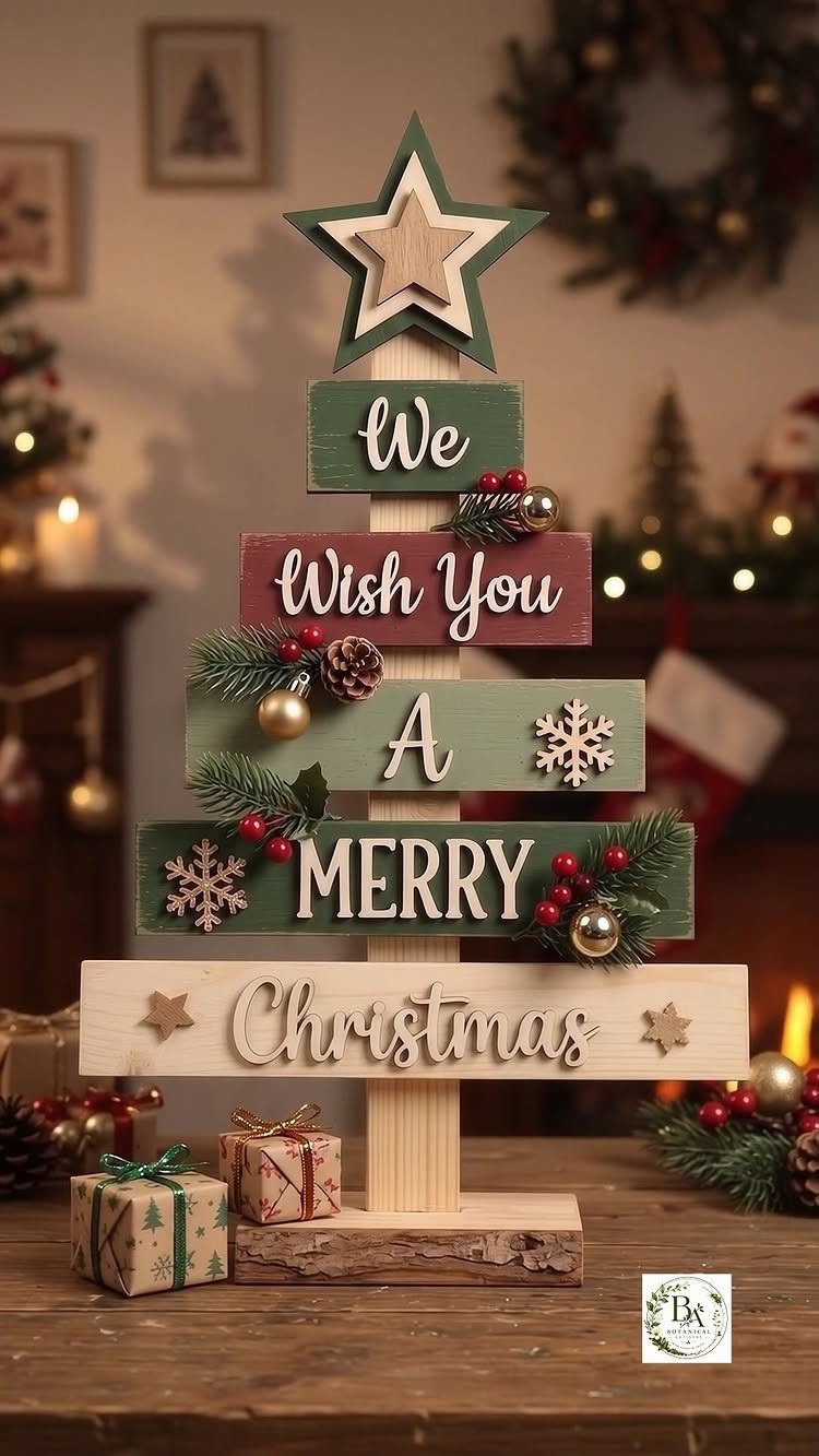 Wooden decorative mini Christmas tree with festive text and small gift boxes.
