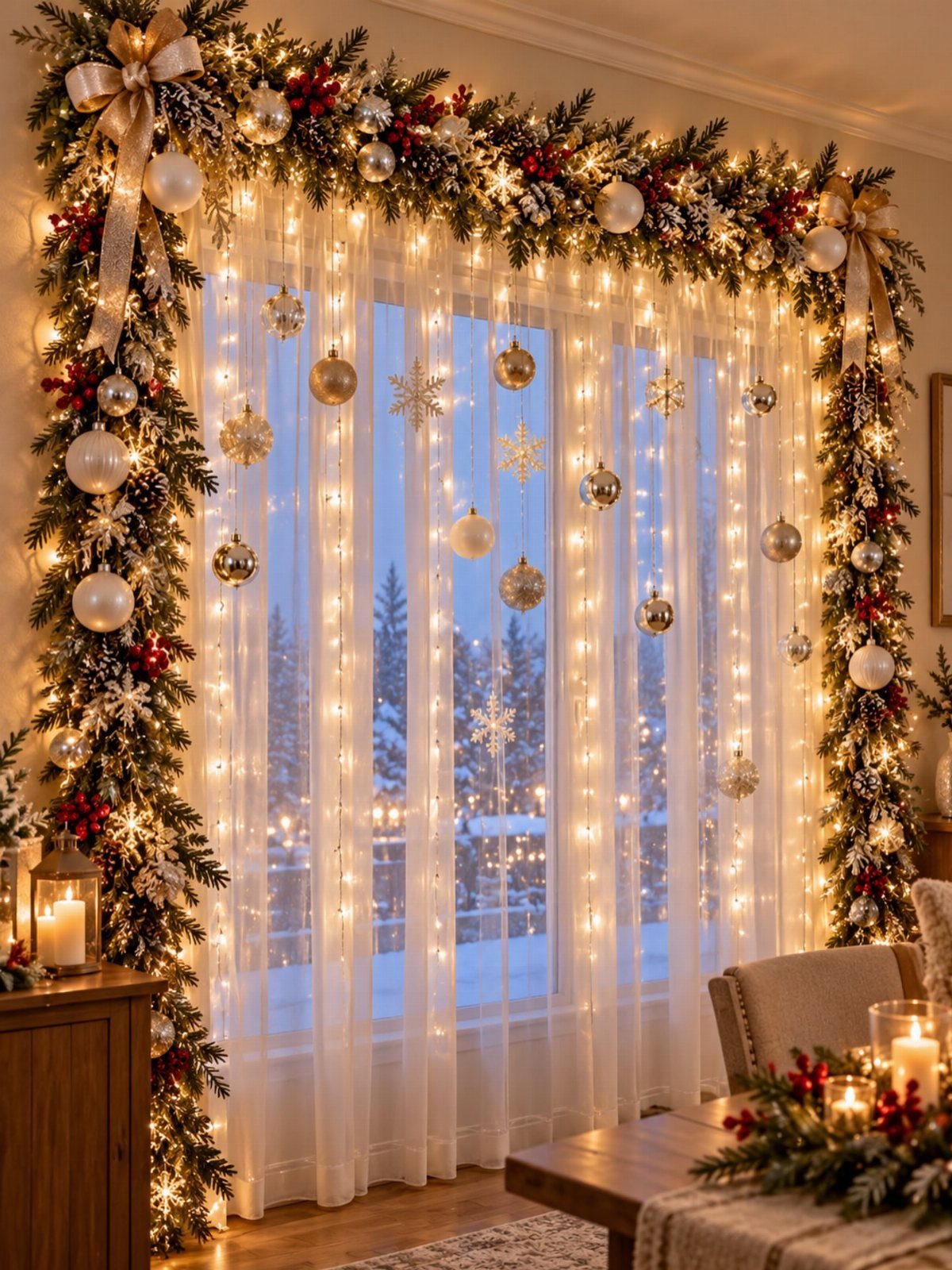 Evergreen garland with gold ribbons and ornaments framing a window with string lights.
