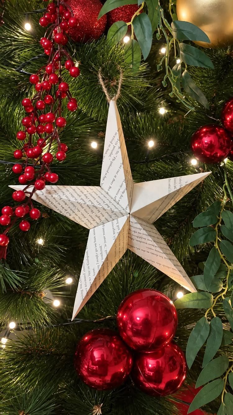 Book page star ornament hanging on a decorated Christmas tree with red baubles.