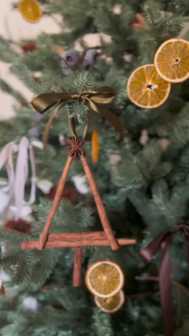 Cinnamon stick ornaments and dried orange slices hanging on a green Christmas tree.