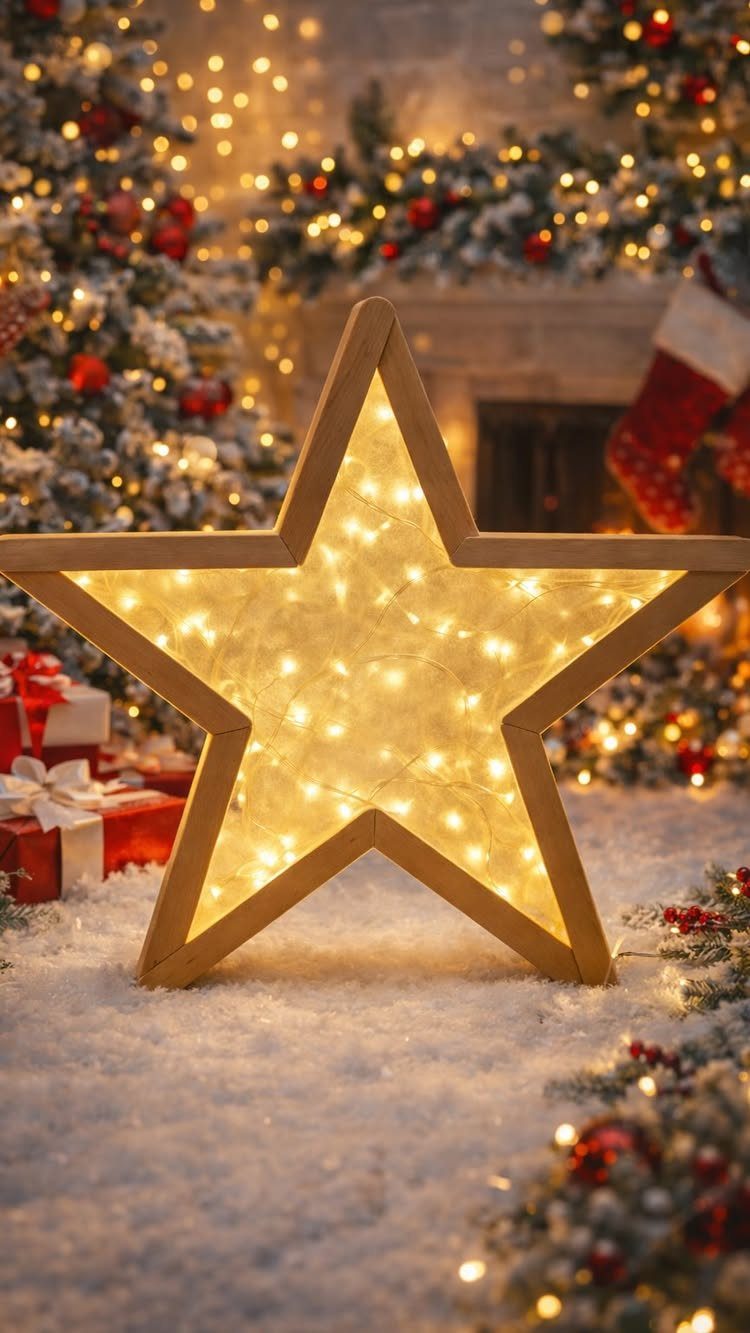 Glowing wooden star with fairy lights sitting on snow in a decorated room