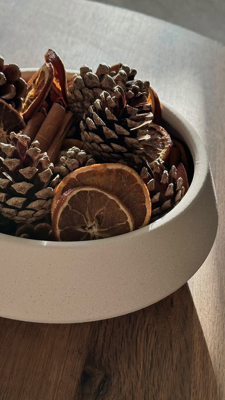 Dried orange slices, pine cones, and cinnamon sticks in a white ceramic bowl.