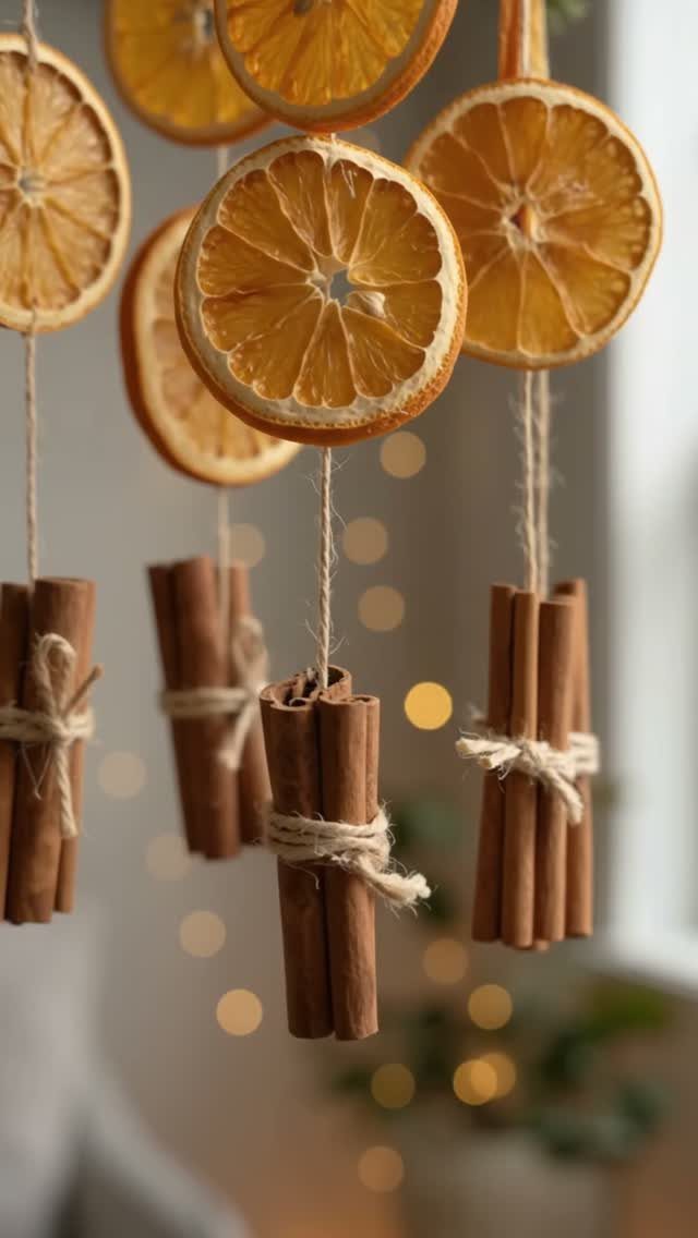 Dried orange slices and cinnamon sticks hanging as a festive Christmas garland.