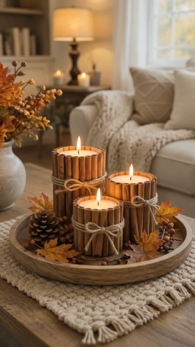 Three lit candles wrapped in wooden sticks on a tray with autumn leaves