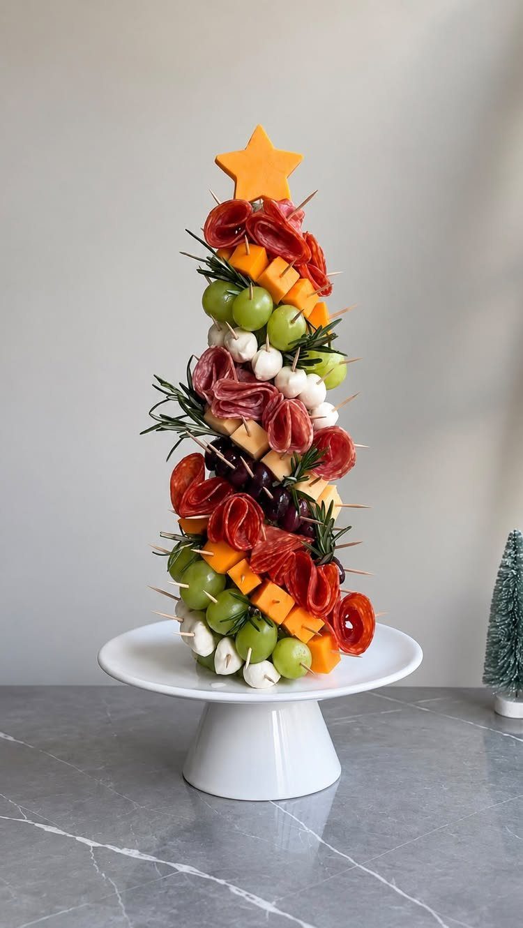 Christmas tree shaped charcuterie display with meats, cheeses, and grapes on white stand