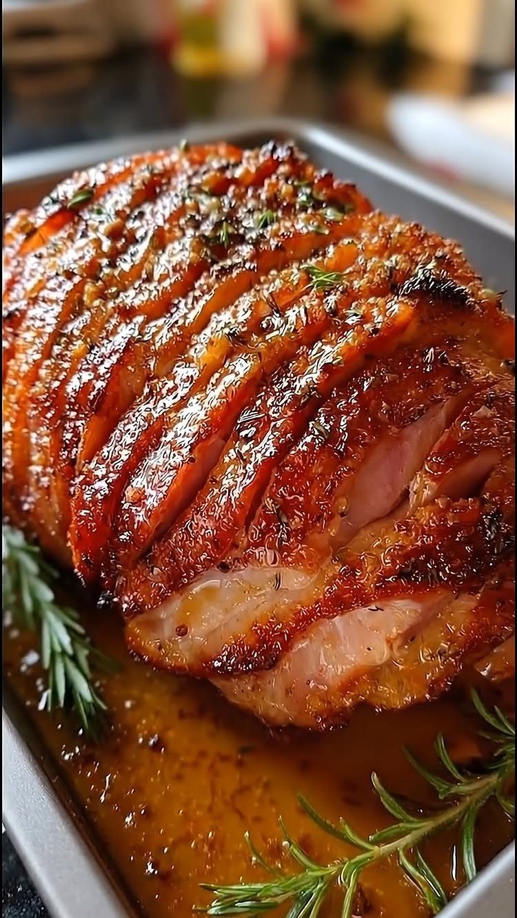 Sliced honey-glazed ham in a roasting pan garnished with fresh rosemary sprigs.