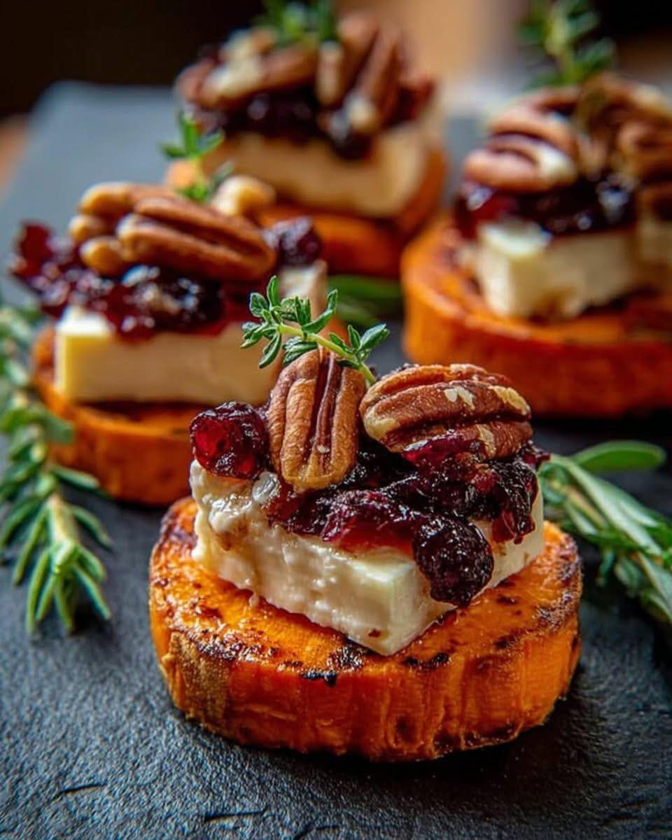 Sweet potato rounds topped with white cheese, cranberry jam, pecans, and rosemary sprigs.