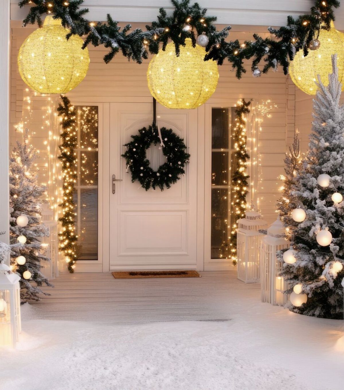 White porch decorated with frosted small trees, a door wreath, and glowing sphere lights.